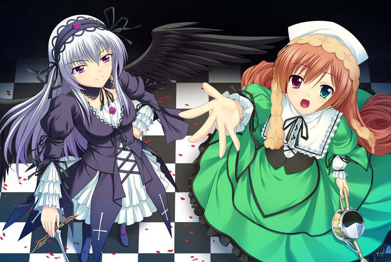 Two anime girls in contrasting outfits