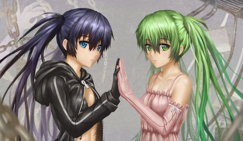 two anime girls in contrasting outfits