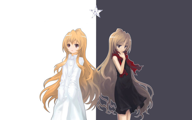 two anime girls in contrasting outfits