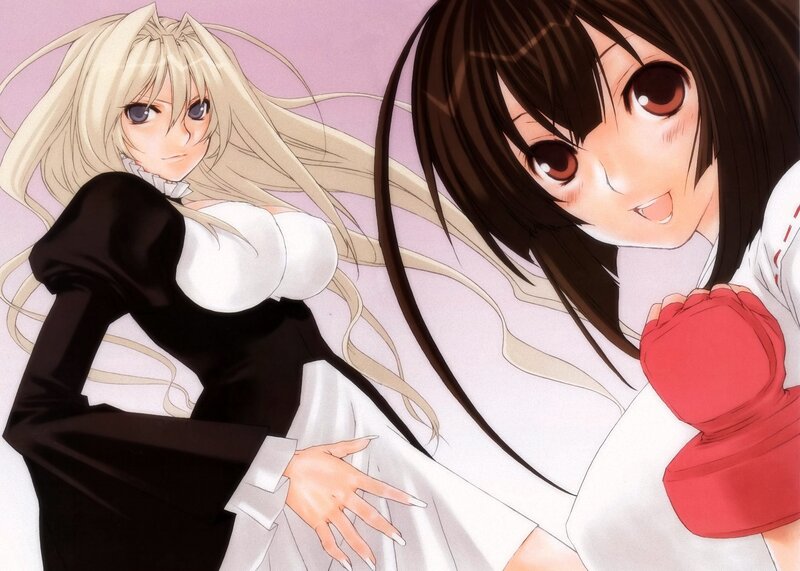 two anime girls in contrasting outfits