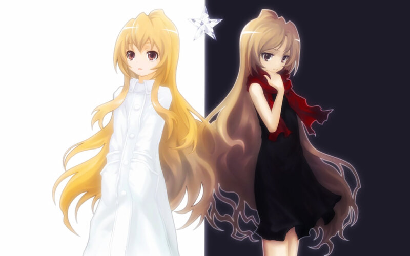 two anime girls in contrasting outfits