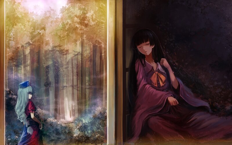 Two anime girls in contrasting scenes