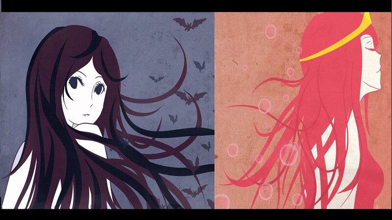 Two anime girls in contrasting scenes