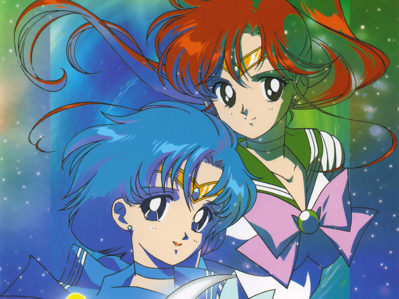 Two Anime Girls in Costumes — Blue, Dramatic, Space Background