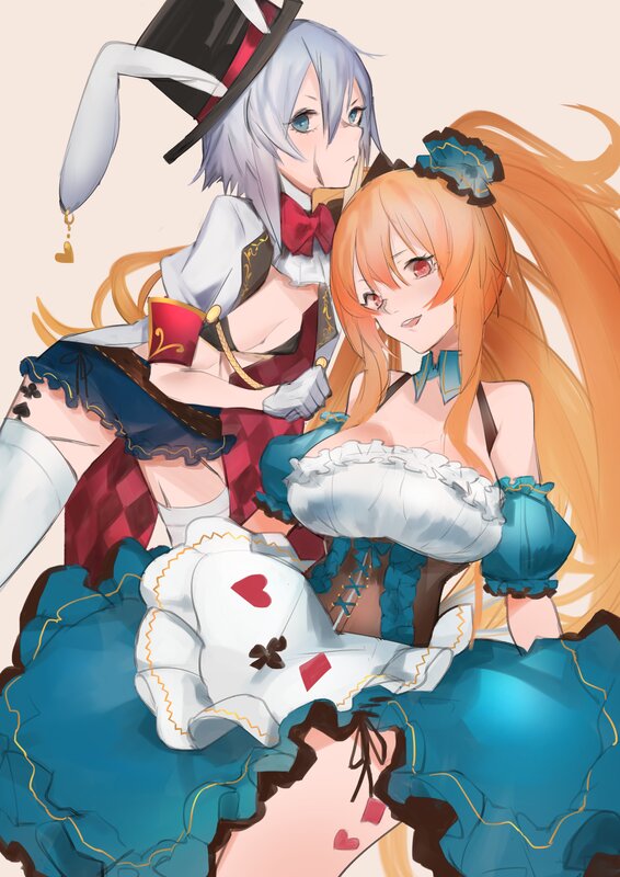 Two Anime Girls in Costumes — Blue, Playful, Top Hat