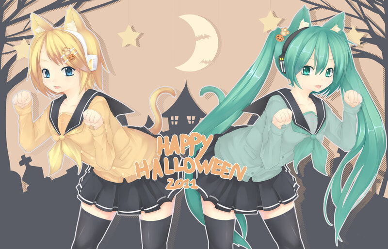 Two Anime Girls in Costumes — Green, Festive