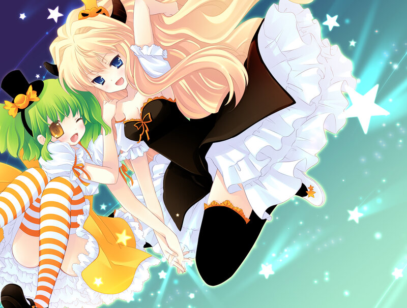 Two Anime Girls in Costumes — Green, Playful