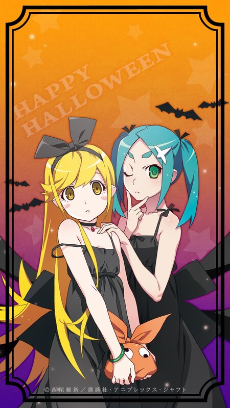 Two Anime Girls in Costumes — Orange, Festive, Night