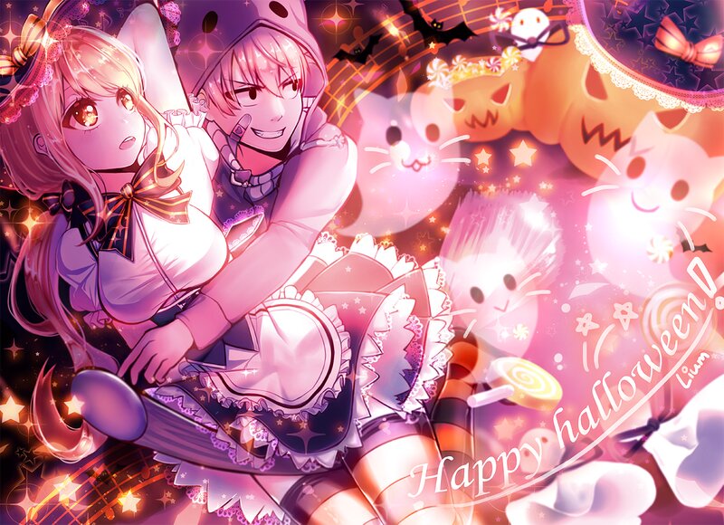 Two Anime Girls in Costumes — Pink, Festive, Night