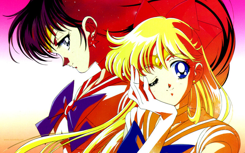 Two Anime Girls in Costumes — Red, Dramatic, Bows