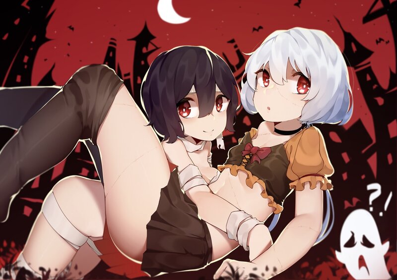 Two Anime Girls in Costumes — Red, Dramatic, Night, Ghost