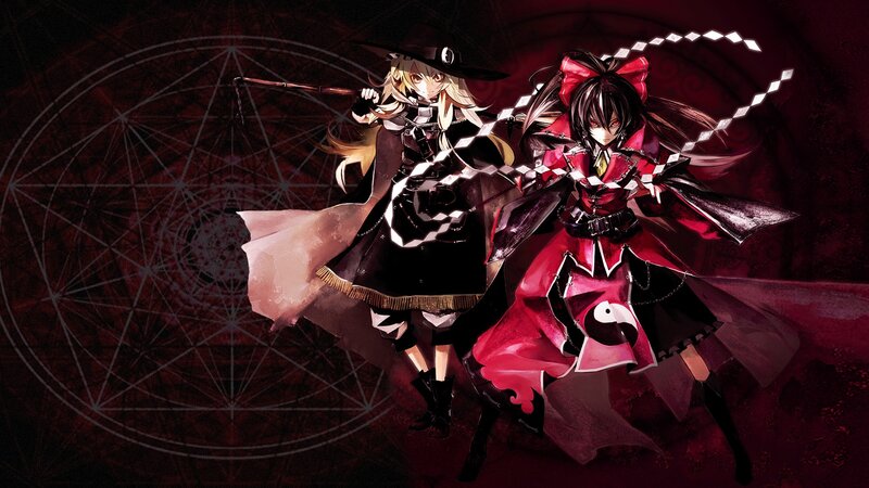 Two Anime Girls in Costumes — Red, Dramatic, Night