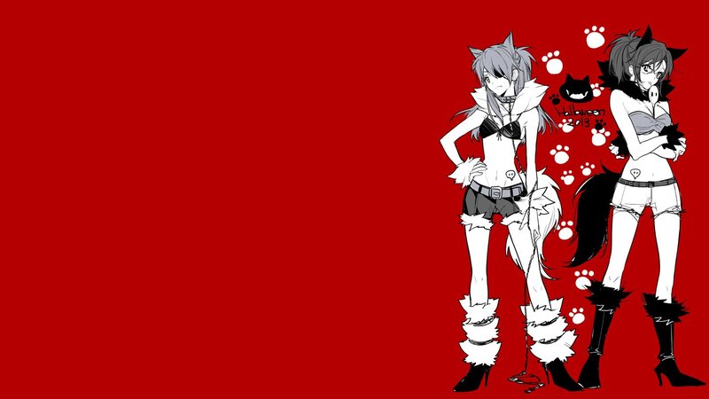 Two Anime Girls in Costumes — Red, Playful, Cat Ears