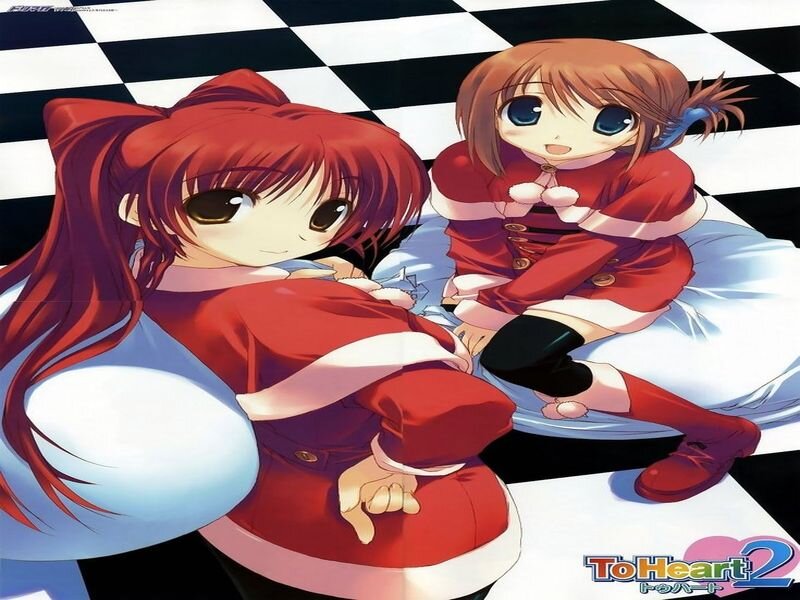 Two Anime Girls in Costumes — Red, Playful, Checkered Floor
