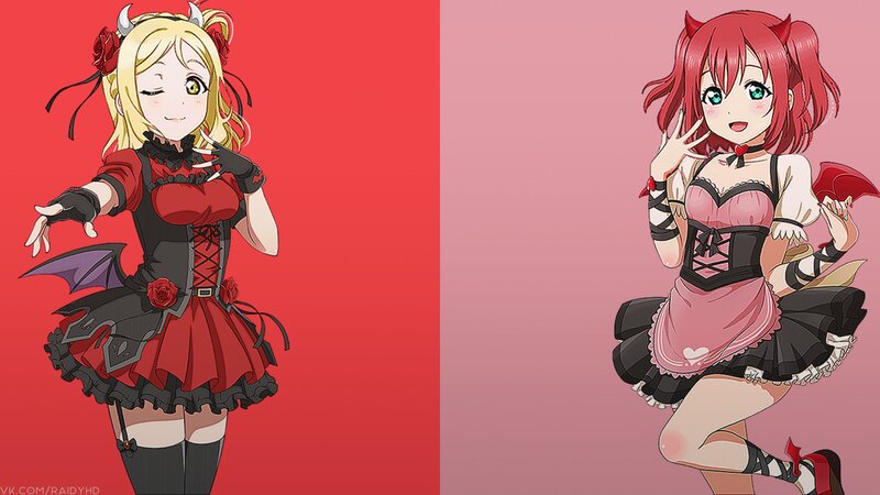 Two Anime Girls in Costumes — Red, Playful, Horns