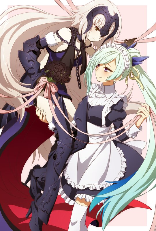 Two Anime Girls in Costumes — White, Dramatic, Maid Outfit