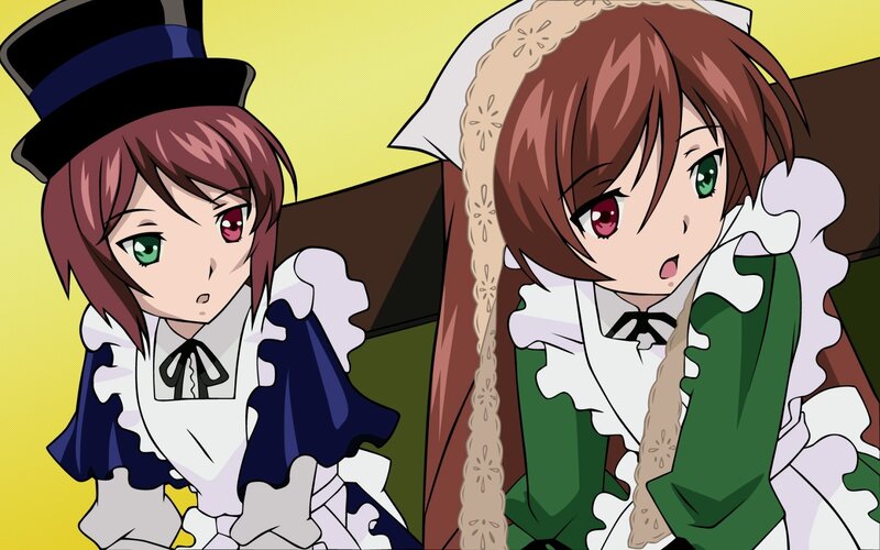 Two Anime Girls in Costumes — Yellow, Surprised, Top Hat