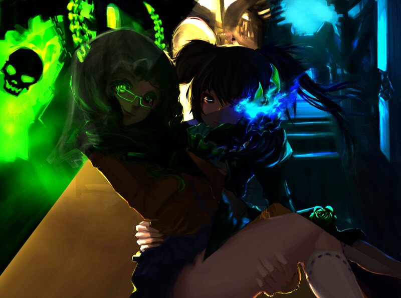 Two Anime Girls in Dark Room — Green