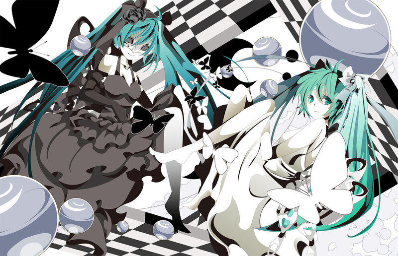 Two Anime Girls in Dresses — Black, Dramatic, Digital Art