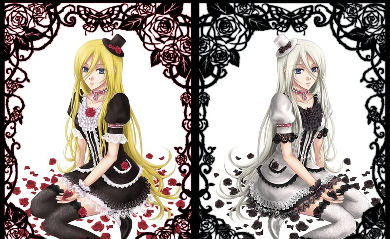 Two Anime Girls in Dresses — Black, Dramatic, Roses