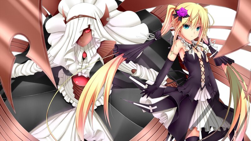 Two Anime Girls in Dresses — Black, Dramatic, Wings