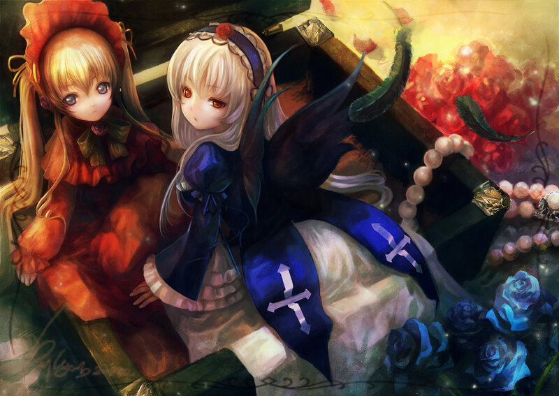 Two Anime Girls in Dresses — Blue, Dramatic, Digital Art