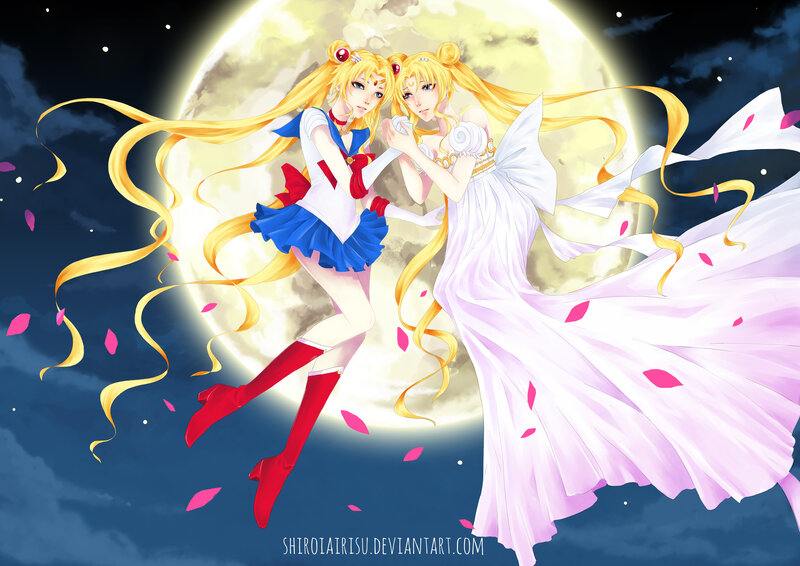 Two Anime Girls in Dresses — Blue, Dramatic, Night, Moon