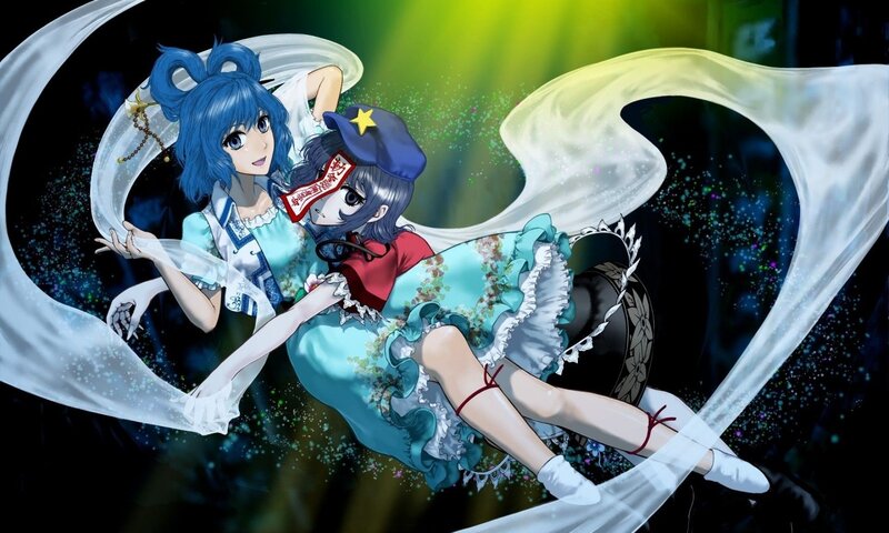 Two Anime Girls in Dresses — Blue, Dramatic, Night