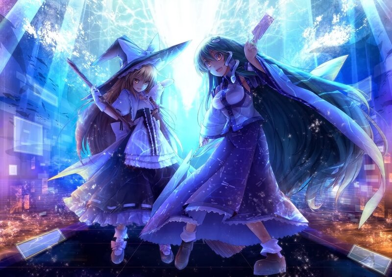 Two Anime Girls in Dresses — Blue, Dramatic, Night, Wands