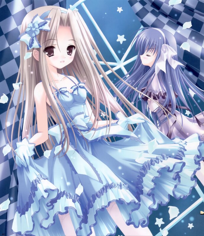 Two Anime Girls in Dresses — Blue, Dreamy, Night, Flowers