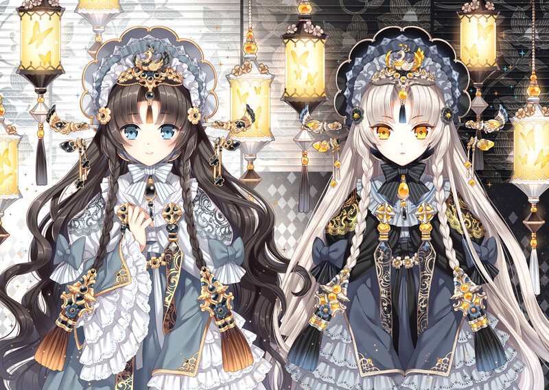Two Anime Girls in Dresses — Blue, Elegant