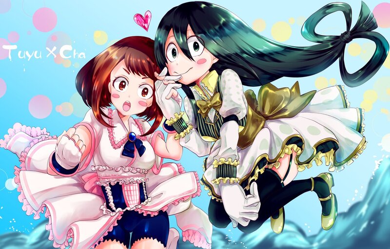Two Anime Girls in Dresses — Blue, Playful, Bows, Heart