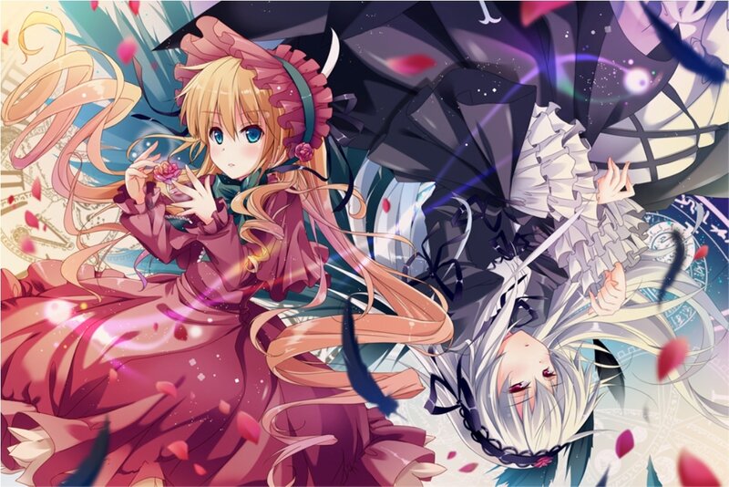 Two Anime Girls in Dresses — Pink, Dramatic, Roses