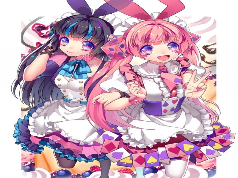 Two Anime Girls in Dresses — Pink, Playful, Cards