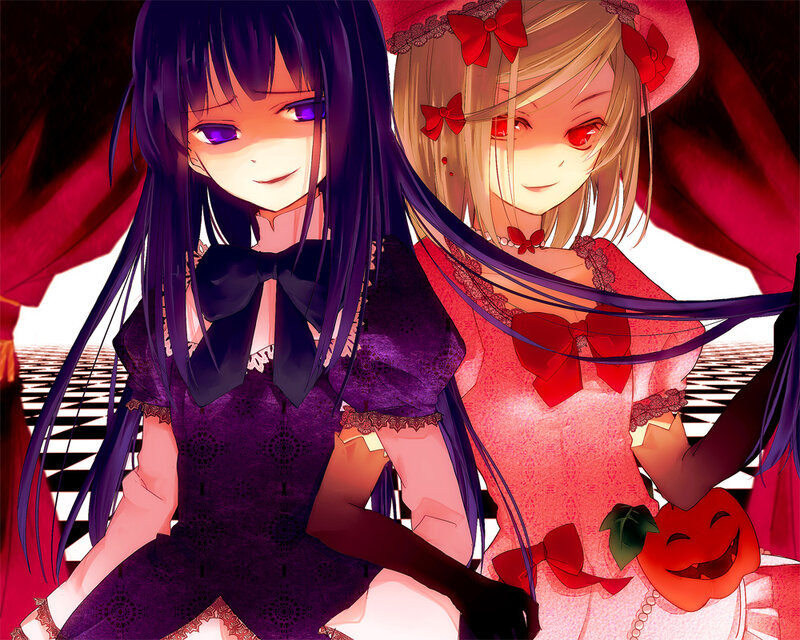 Two Anime Girls in Dresses — Purple, Dramatic, Bows