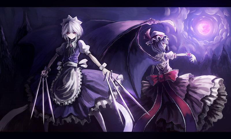 Two Anime Girls in Dresses — Purple, Dramatic, Night, Digital Art, Wings
