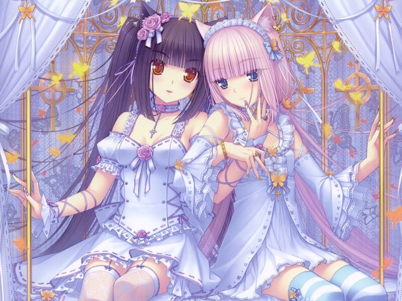 Two Anime Girls in Dresses — Purple, Dreamy, Butterflies
