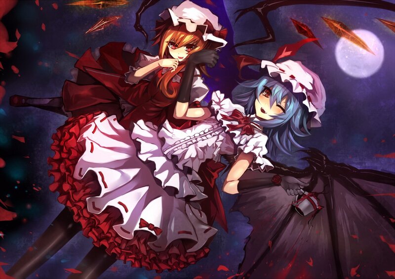 Two Anime Girls in Dresses — Red, Dramatic, Night, Digital Art