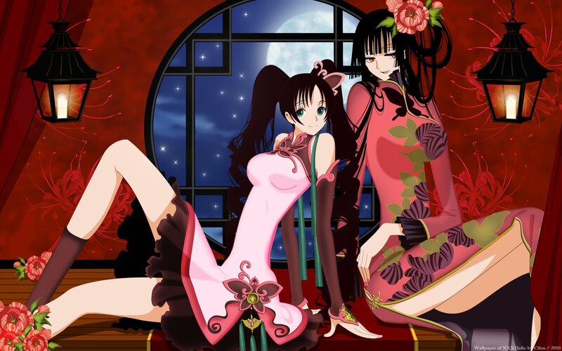 Two Anime Girls in Dresses — Red, Dramatic, Night, Lanterns