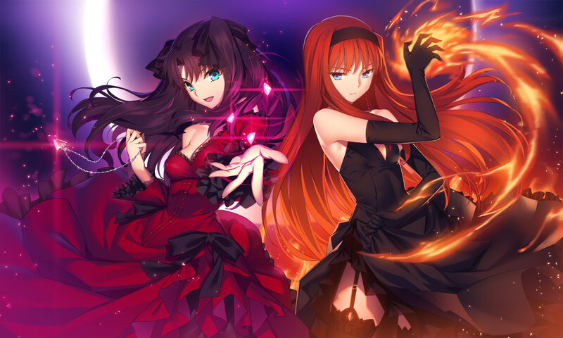 Two Anime Girls in Dresses — Red, Dramatic, Night, Magic