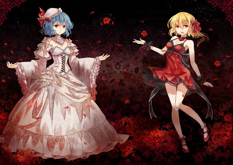 Two Anime Girls in Dresses — Red, Dramatic, Night, Roses