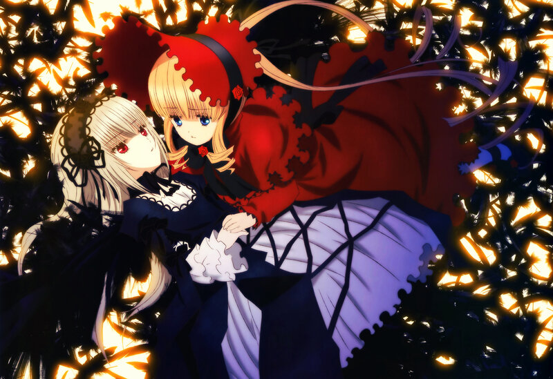 Two Anime Girls in Dresses — Red, Dramatic, Night