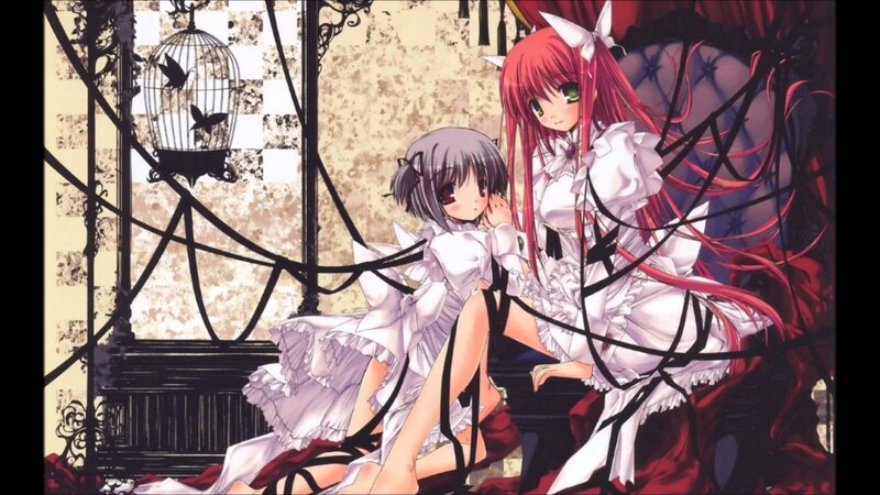 Two Anime Girls in Dresses — White, Dramatic, Birdcage