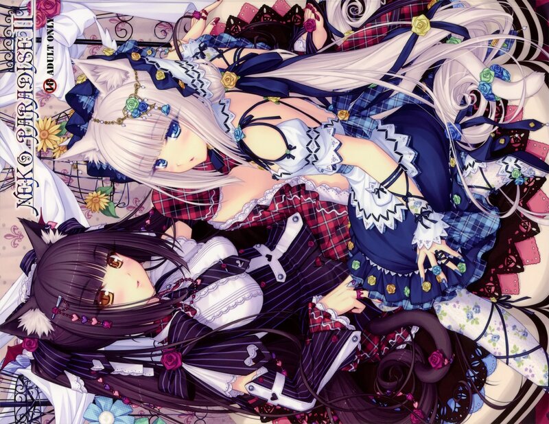 Two Anime Girls in Dresses — White, Playful, Cat Ears