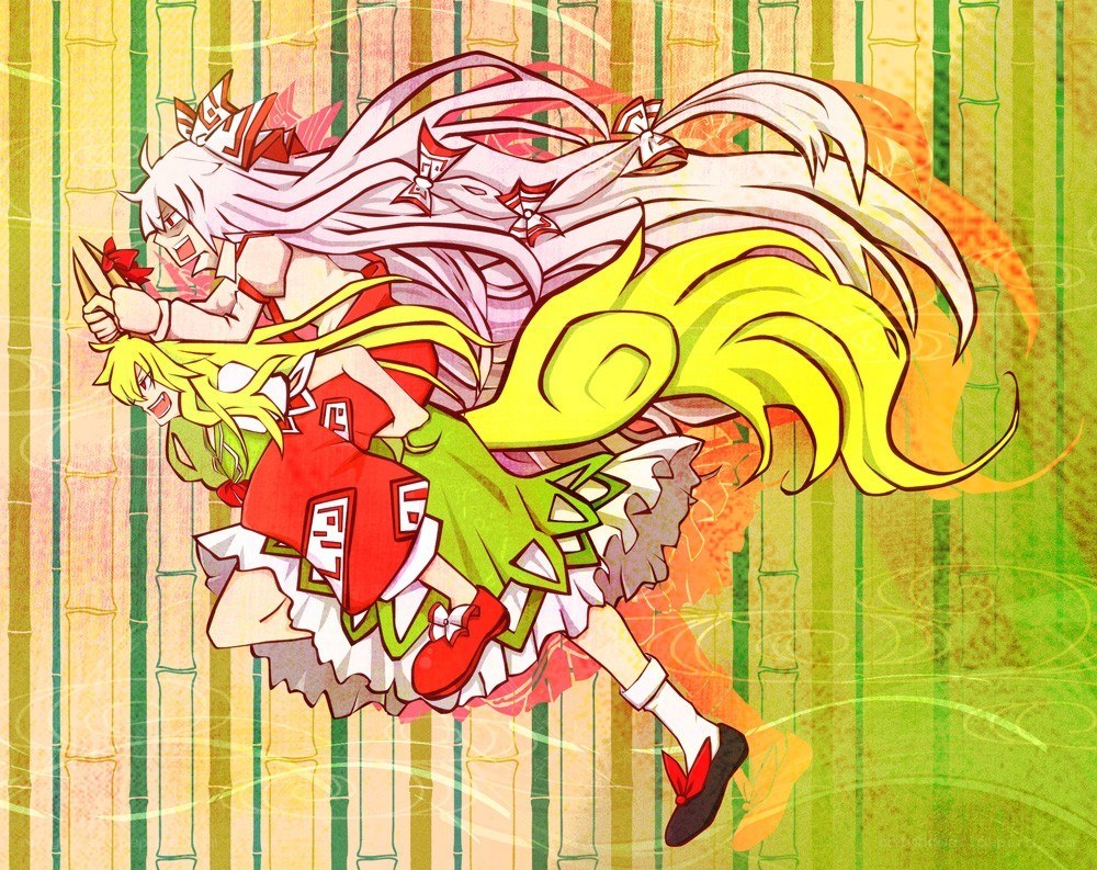 Two anime girls in dynamic action