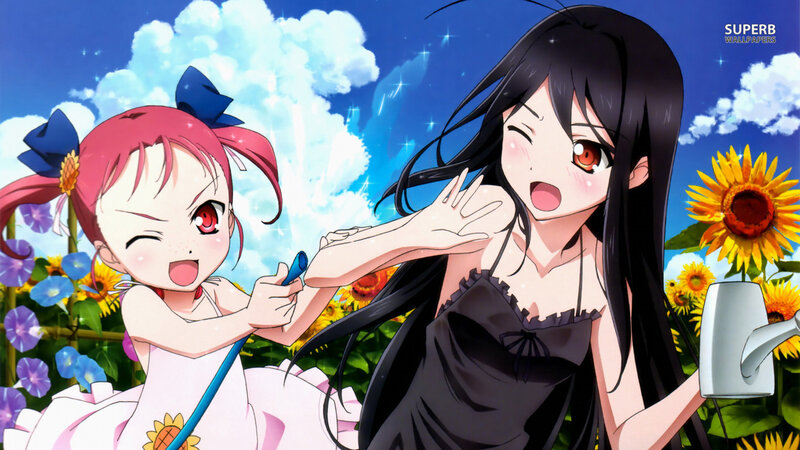 Two Anime Girls in Field — Blue, Cheerful