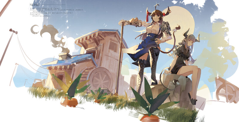 Two Anime Girls in Field — Blue, Serene, Night, Digital Art
