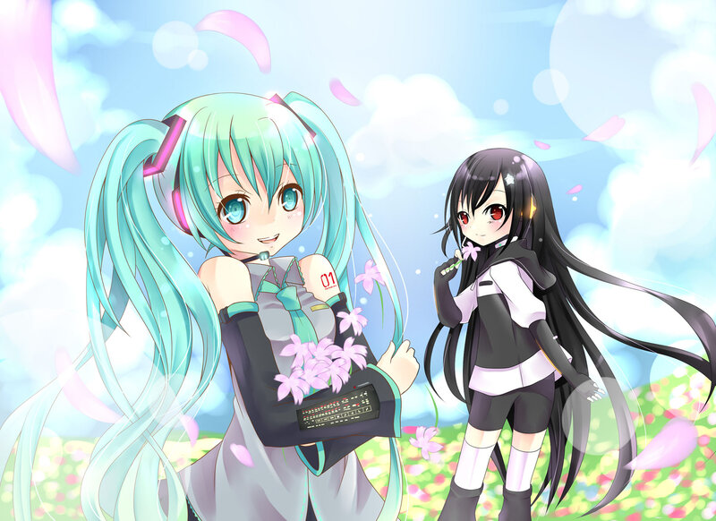 Two Anime Girls in Field — Blue, Serene, Spring