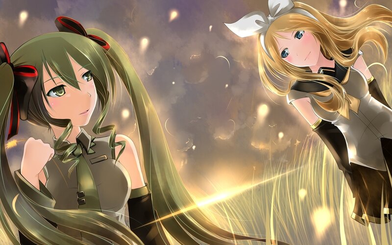 Two Anime Girls in Field — Green, Dramatic