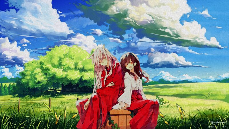 Two Anime Girls in Field — Green, Serene, Afternoon, Digital Art, Tree